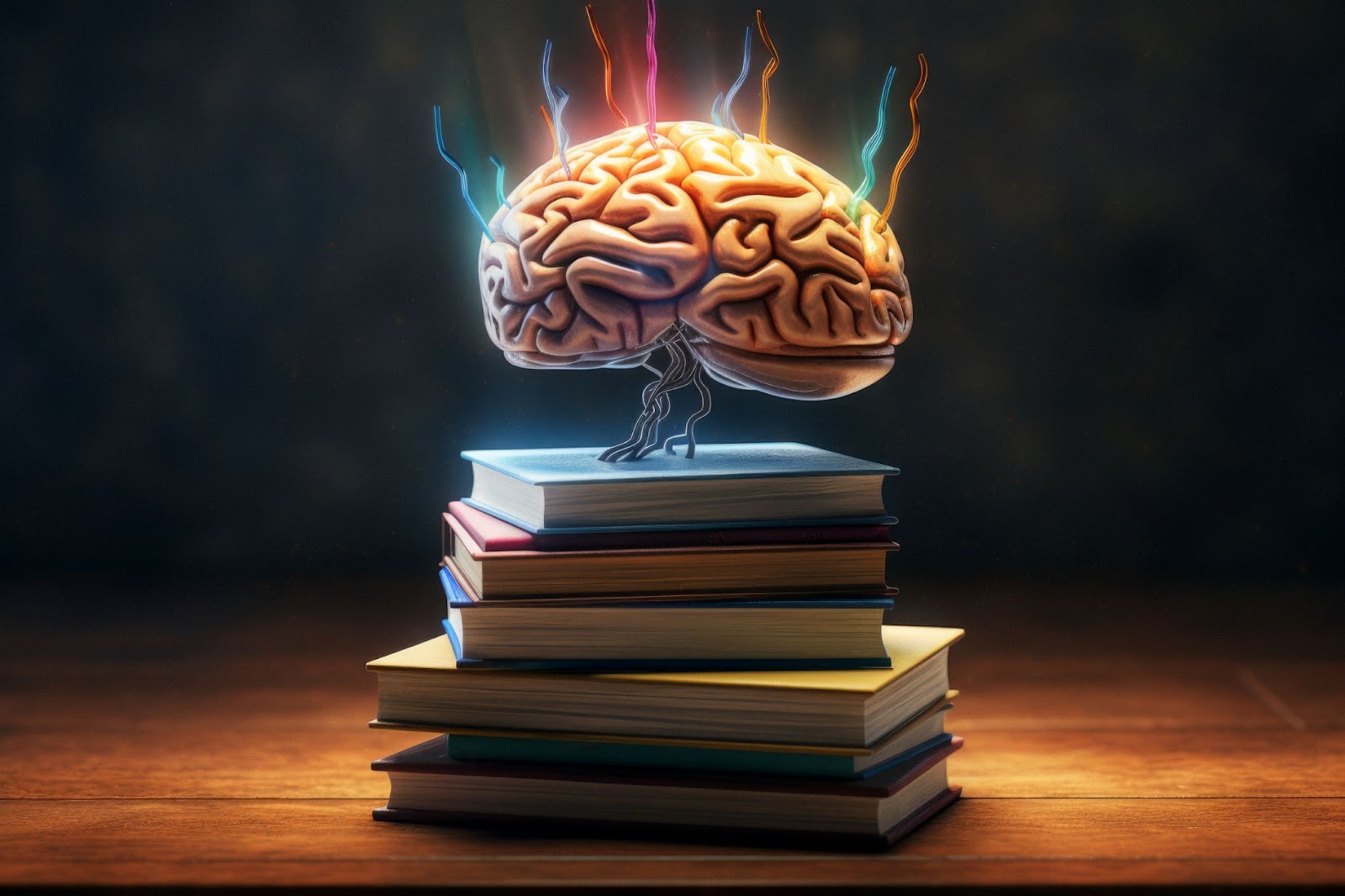 Cérebro iluminado flutuando sobre uma pilha de livros em uma mesa de madeira, simbolizando o poder do conhecimento e da aprendizagem contínua como base essencial para o sucesso em um negócio online.