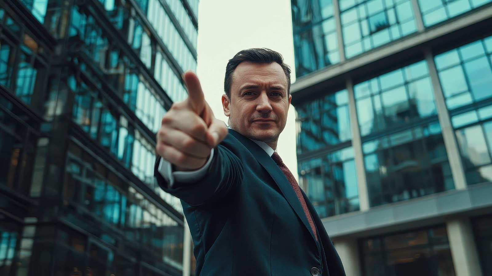 Empresário confiante apontando para a câmera diante de prédios modernos, representando liderança e sucesso em negócios online.