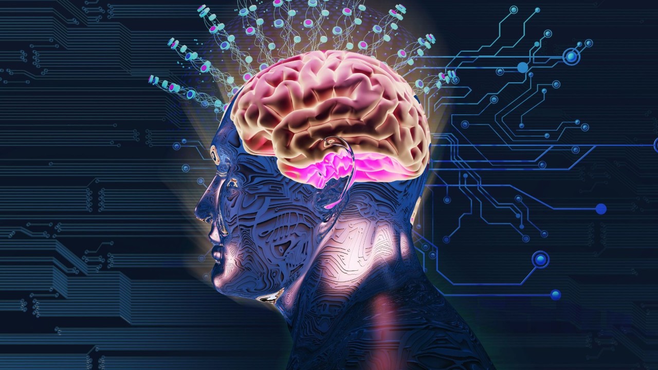 Representação futurista de um cérebro ativo dentro de uma cabeça, com circuitos. Isso simboliza a busca por insights profundos da mente do consumidor através do 'neuromarketing'.