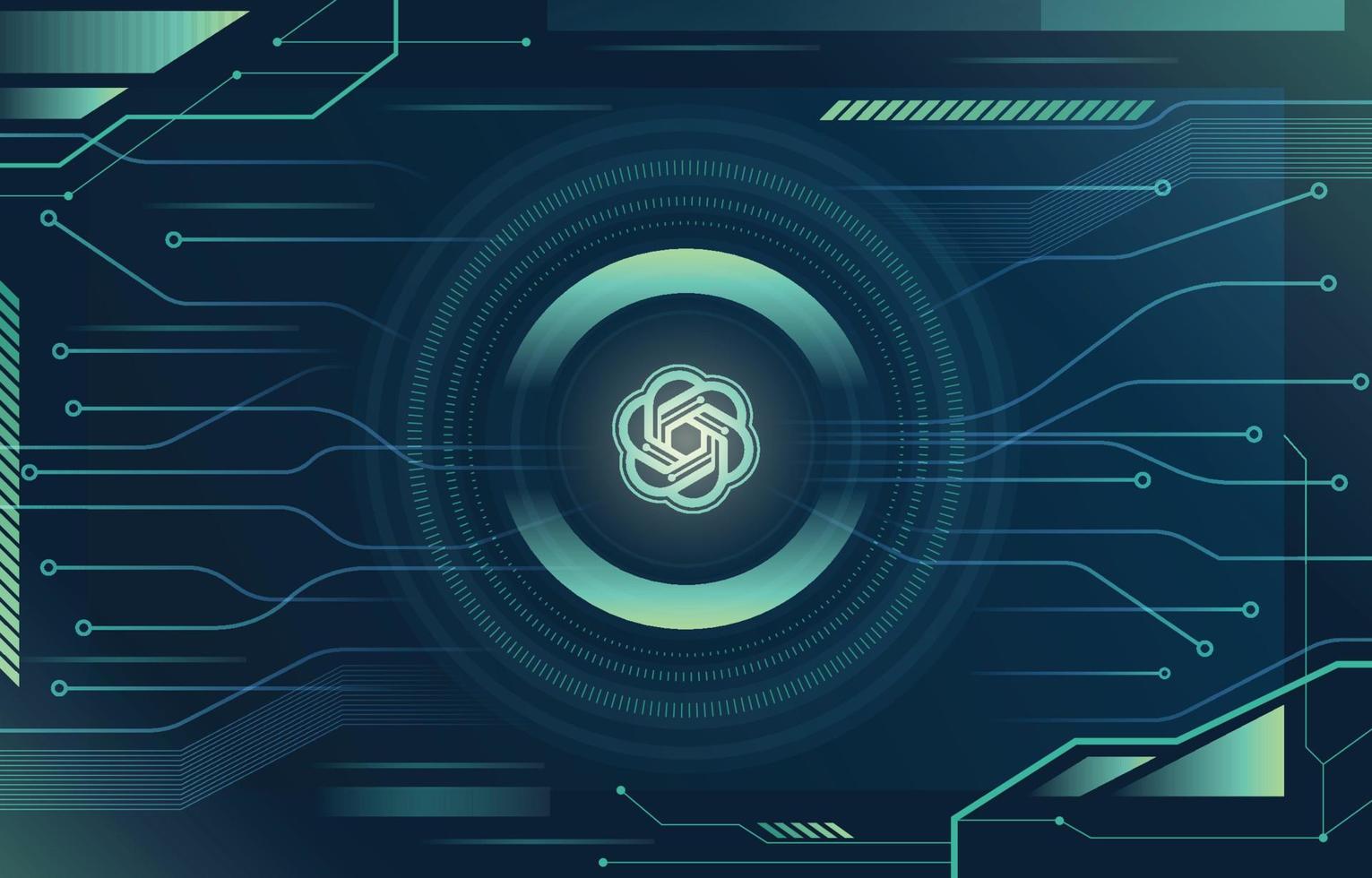 A imagem de um circuito digital complexo com o logo do ChatGPT em seu núcleo, sugere o 'cérebro' por trás da inteligência artificial. Isso destaca o Chat GPT como uma ferramenta sofisticada, capaz de processar informações, gerar conteúdo e interagir de forma inteligente, representando a vanguarda da IA.