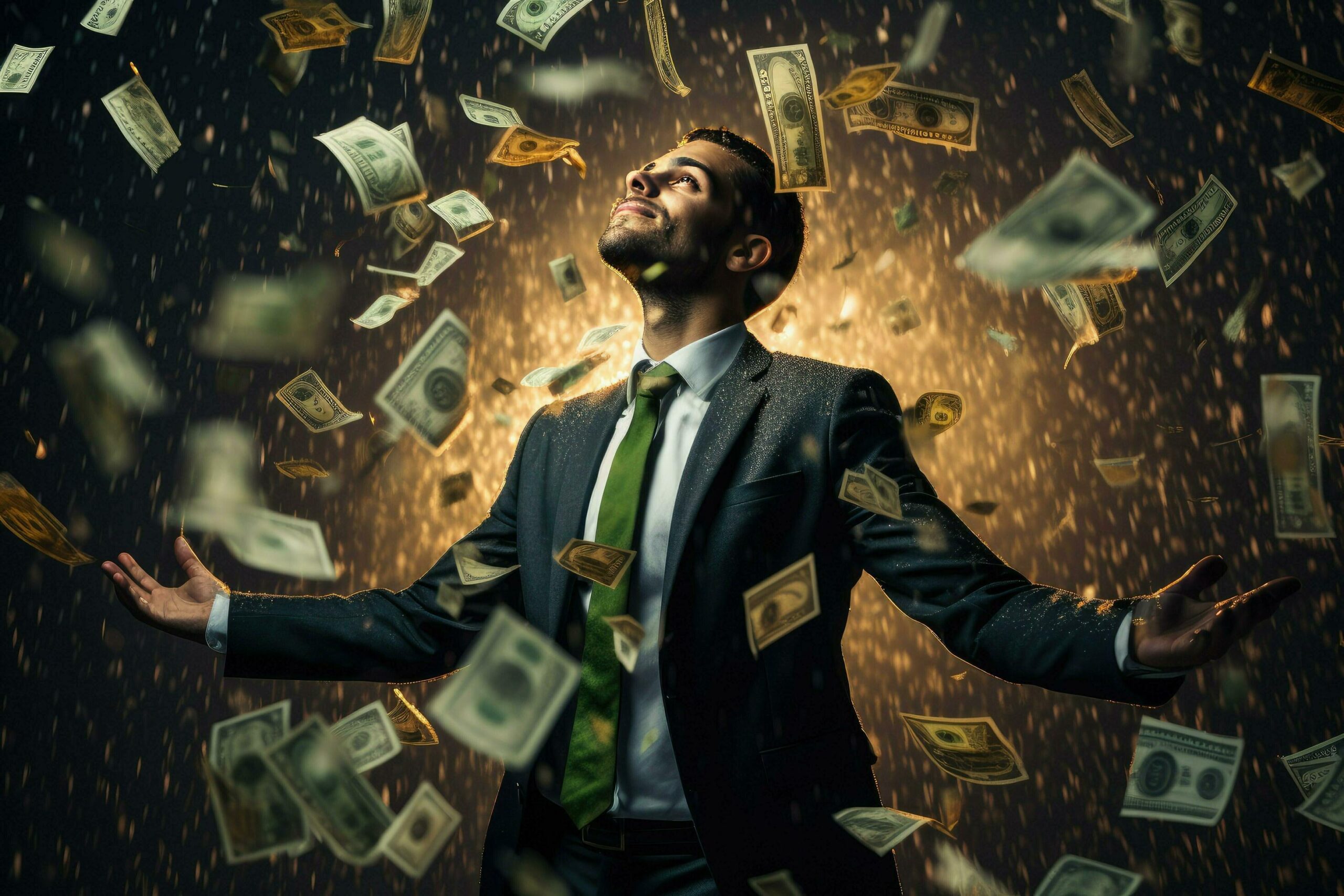 A imagem de um homem desfrutando de uma chuva de dinheiro, destaca as recompensas financeiras. Isso sugere que o PLR pode ser uma excelente oportunidade de negócio para alcançar a liberdade financeira, gerando lucros consideráveis através da venda ou adaptação de conteúdo licenciado.