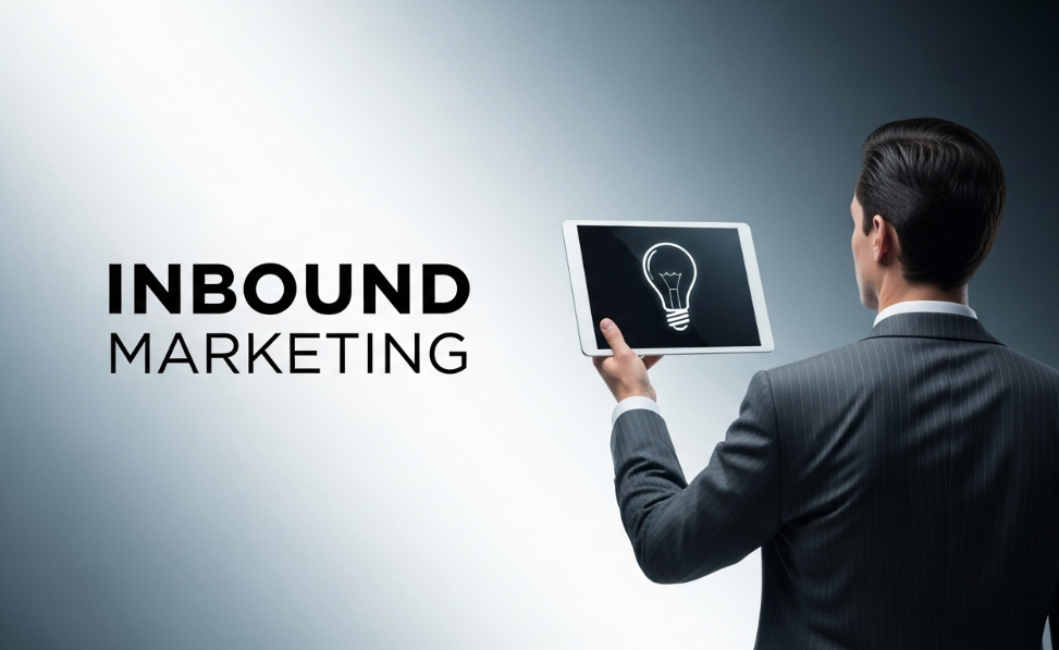 Homem de terno segurando um tablet com uma lâmpada na tela, ao lado do texto 'INBOUND MARKETING'. Ilustra as ideias e a inovação por trás da estratégia de Inbound Marketing.