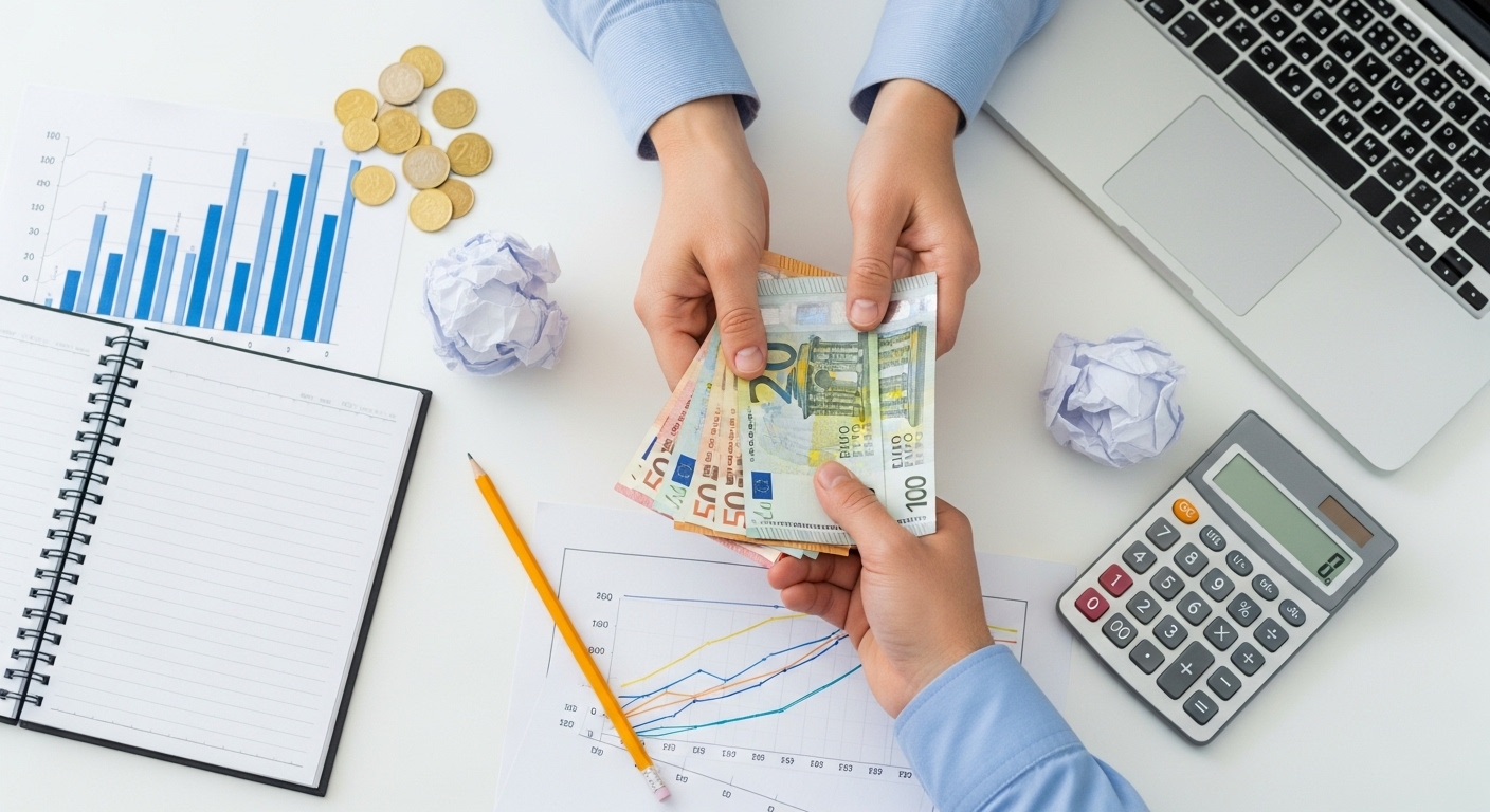 A imagem de mãos trocando dinheiro em um cenário de trabalho, com elementos de análise financeira, destaca as oportunidades de negócio e a geração de receita. Isso sugere que o PLR oferece um caminho para ganhos financeiros, seja pela venda de conteúdo ou produtos licenciados, ou pela economia de tempo na criação de materiais.