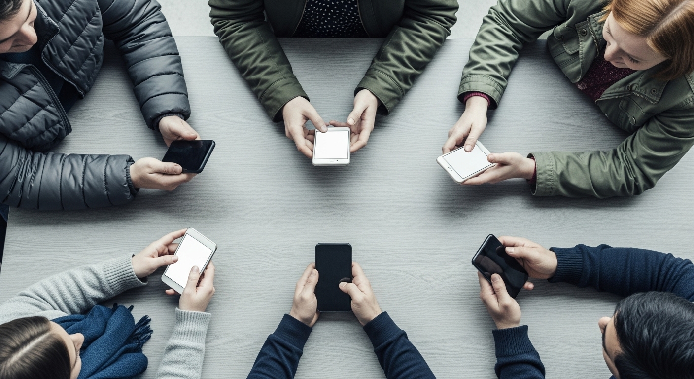 Pessoas fisicamente próximas, mas digitalmente distantes, focadas em seus celulares em uma mesa em Rio Branco. Isso simboliza um possível desafio para o 'engajamento' interpessoal na era digital.