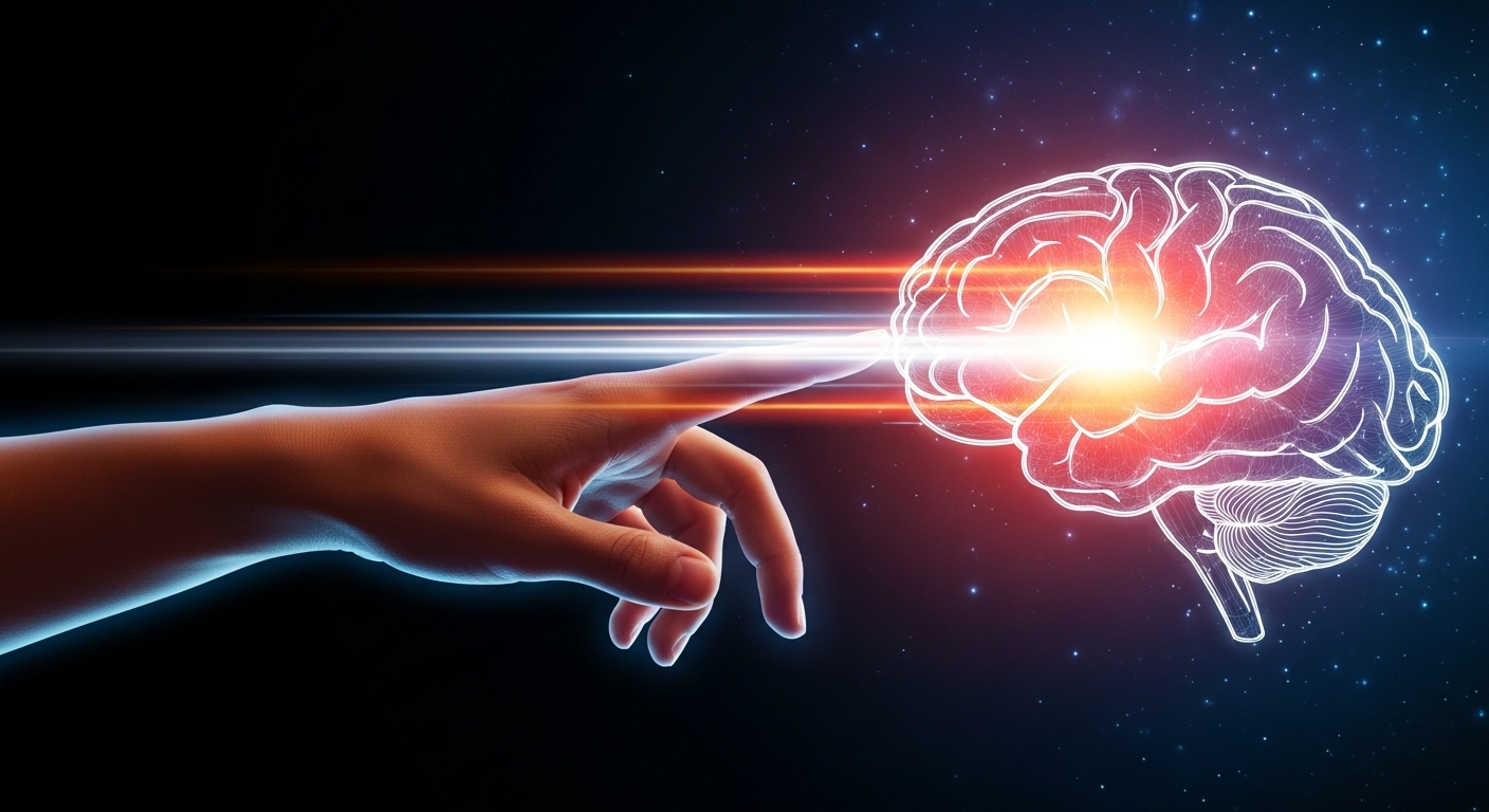 Conexão de luz entre uma mão digital e um cérebro brilhante. Isso simboliza a busca por insights diretos sobre o funcionamento do cérebro do consumidor através do 'neuromarketing'.