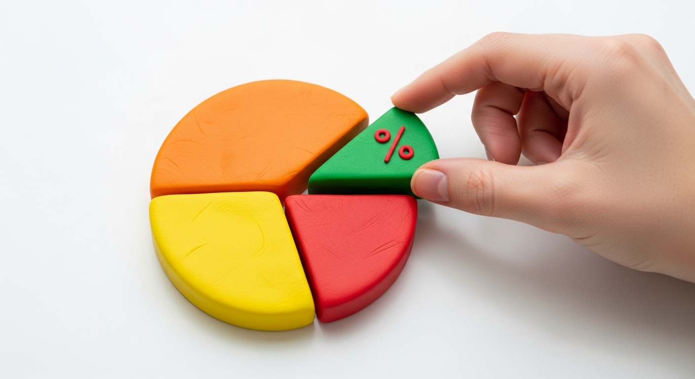 A imagem de um gráfico de pizza sendo montado, com uma fatia específica contendo um símbolo de porcentagem, enfatiza a capacidade de dividir e adaptar conteúdo. Isso sugere que o PLR oferece a oportunidade de customizar e usar materiais existentes de várias maneiras, permitindo que você adicione sua própria 'porcentagem' ou marca ao produto final.