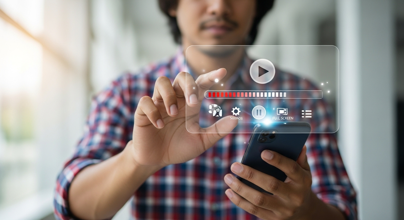 Interface de player de vídeo digital sendo manipulada, com foco em play e controle. Isso simboliza o engajamento com conteúdo de vídeo, destacando como uma VSL busca prender a atenção do espectador.