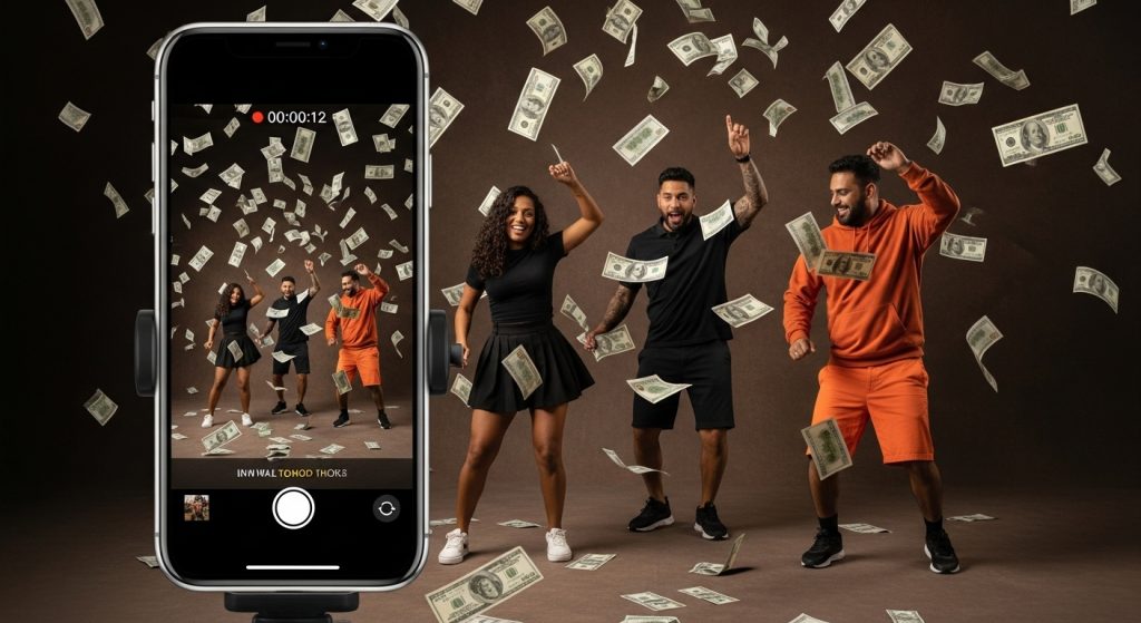 A imagem de um grupo criando um vídeo divertido e dinâmico com notas de dinheiro caindo, destaca a criatividade para atrair a atenção. Isso sugere que o conteúdo aborda como ideias inovadoras e a produção de vídeos vibrantes são cruciais para aumentar o 'engajamento' e fazer seu conteúdo viralizar, resultando em mais visibilidade e interação.