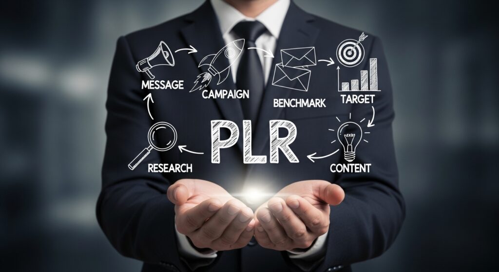 A imagem de um diagrama abrangente com a sigla 'PLR' no centro, cercada por elementos chave de marketing, destaca a versatilidade dos produtos PLR. Isso sugere que o conteúdo aborda como utilizar e integrar PLR em diferentes fases de uma estratégia, desde a pesquisa e criação de conteúdo até o lançamento de campanhas e o alcance de metas.