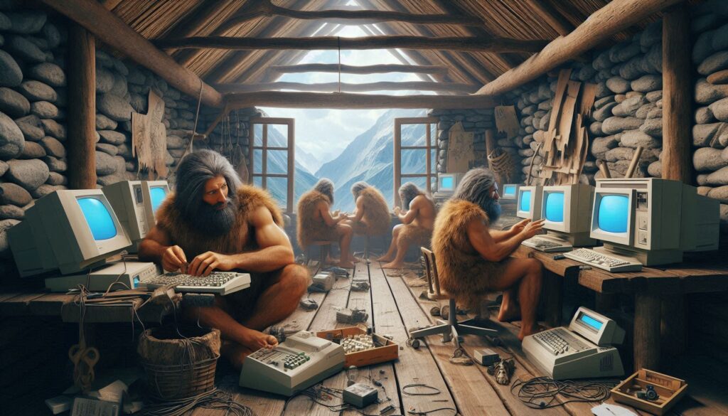 Cena humorística de homens pré-históricos com tecnologia arcaica. Isso simboliza a necessidade de modernização nas abordagens para gerar 'leads' de forma eficaz no mundo digital atual.