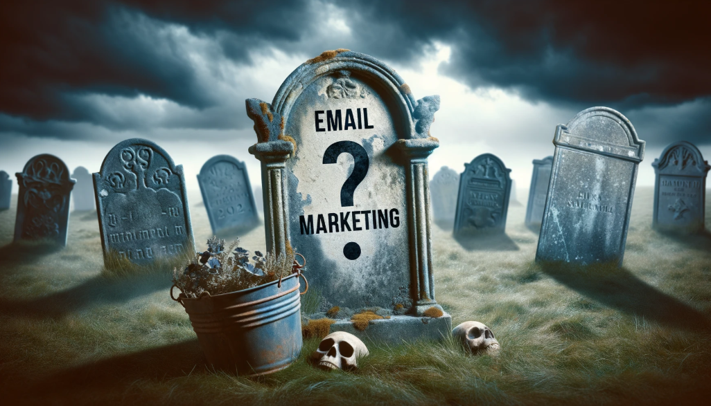 Imagem conceitual de uma lápide com a inscrição 'E-mail Marketing?' em um cemitério, sugerindo a reflexão sobre a possível 'morte' ou transformação do e-mail marketing como estratégia de comunicação digital.