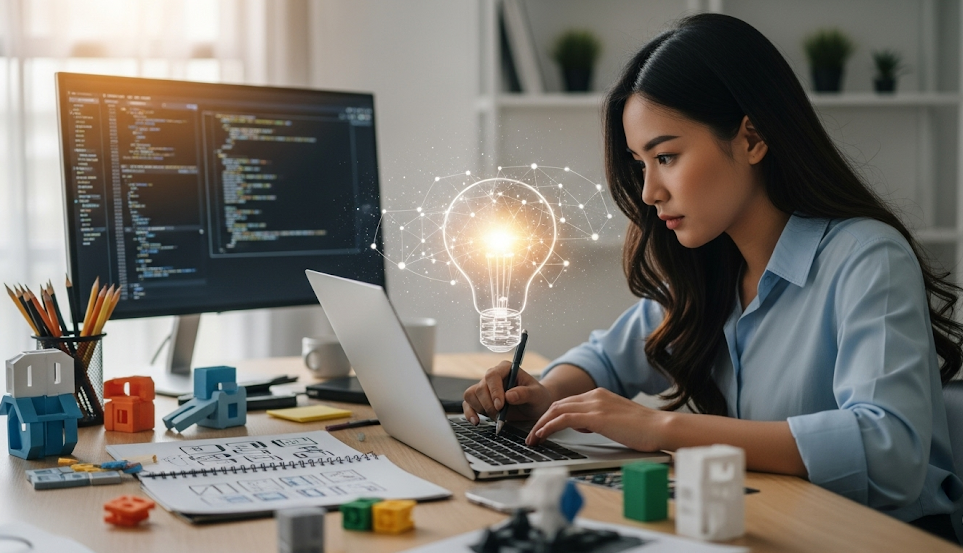 Mulher concentrada em laptop enquanto desenvolve ideias inovadoras para produtos digitais, com código na tela e ícones tecnológicos ao redor.