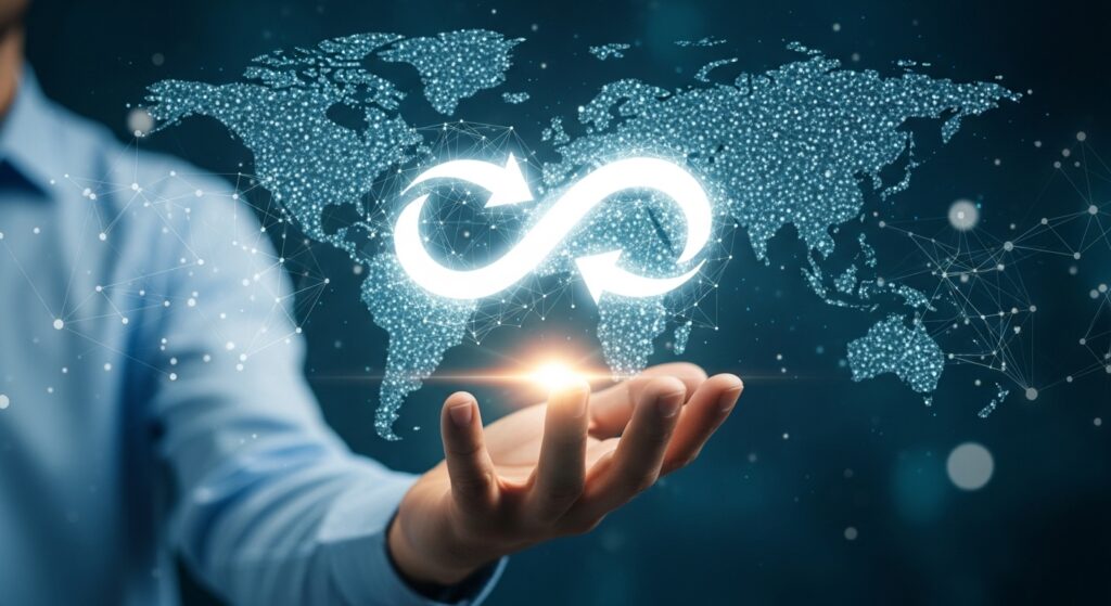 Conceito de remarketing representado por uma mão segurando um símbolo de infinito com setas, à frente de um mapa digital do mundo conectado por pontos de dados, simbolizando estratégias globais de reconexão com usuários online.
