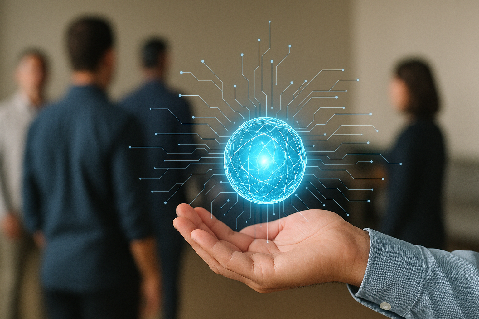 Pessoa segura uma esfera digital iluminada com conexões virtuais, representando a criação, distribuição e alcance global dos produtos digitais no ambiente online.
