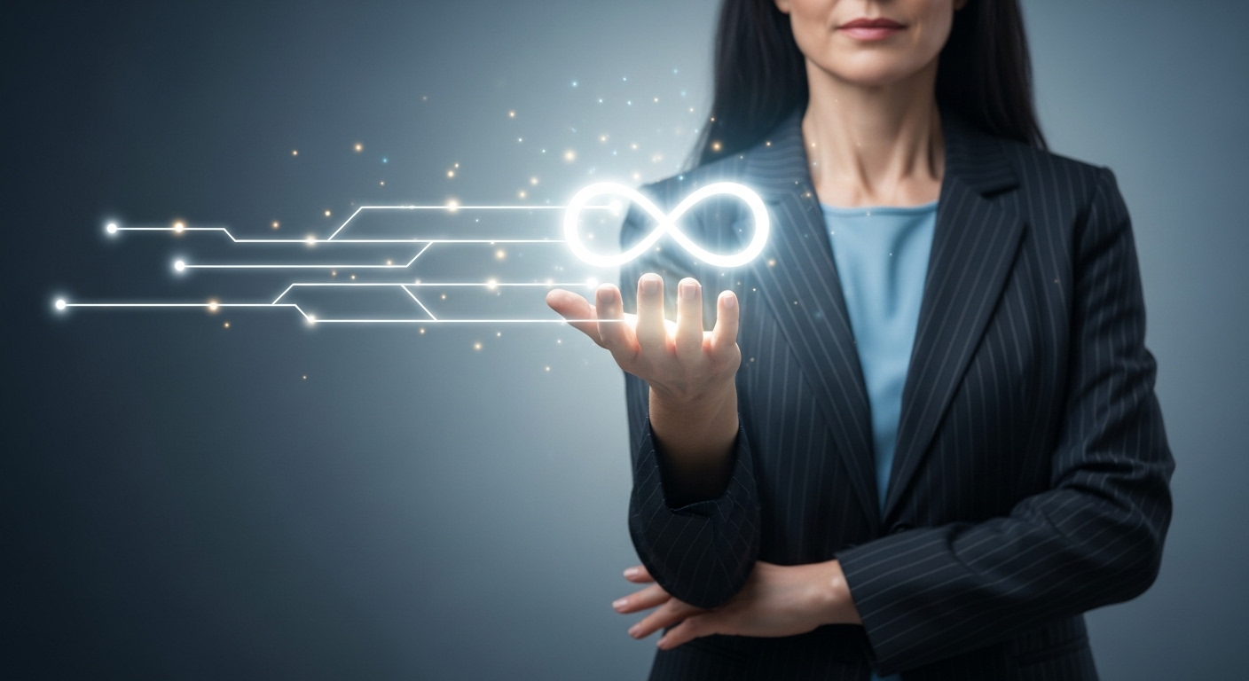 Mulher de negócios segurando um símbolo digital de infinito, representando a automação e o ciclo contínuo das estratégias de remarketing.