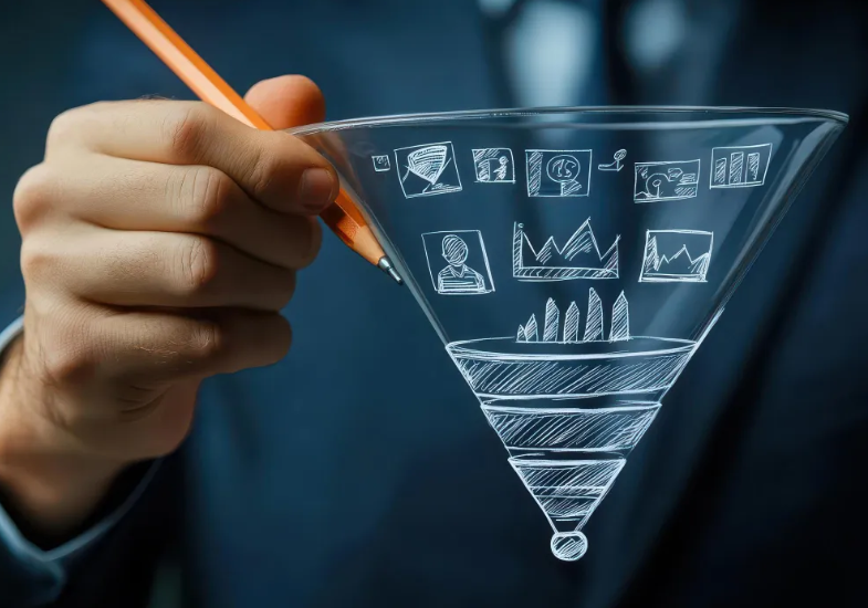 Homem segurando uma caneta e desenhando um funil de vendas transparente com ícones representando etapas do processo de marketing, conversão de leads e análise de desempenho.