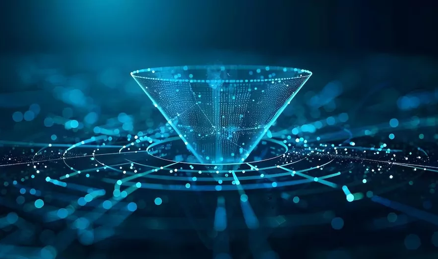 Visual futurista de um funil de vendas digital em forma de holograma, composto por pontos e linhas azuis, representando análise de dados e automação de processos no marketing digital.