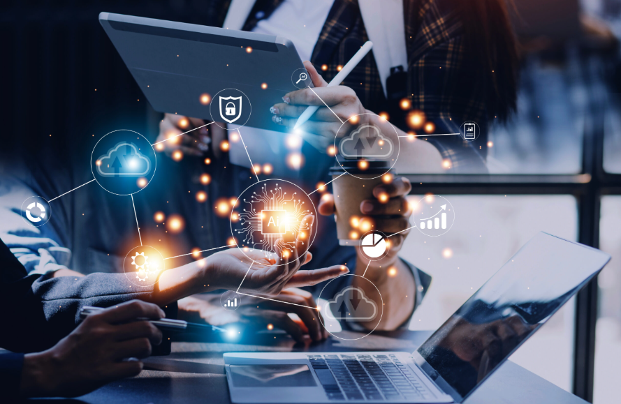 Profissionais interagindo com dispositivos digitais, cercados por ícones de tecnologia e inteligência artificial, simbolizando a integração do e-mail marketing com soluções inovadoras e automação inteligente.
