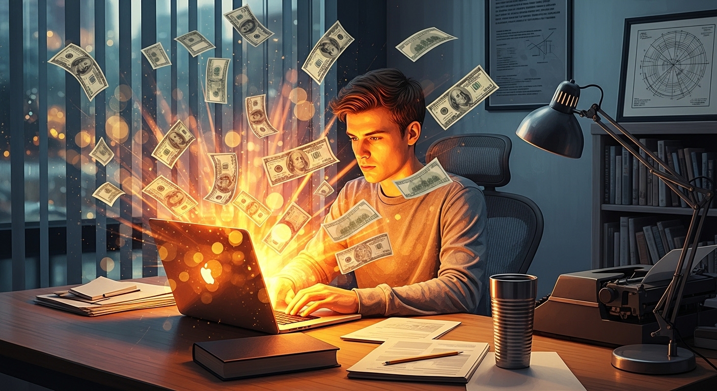 A imagem de um indivíduo focado no laptop, com dinheiro caindo, destaca a recompensa direta da produção de conteúdo. Isso sugere que o artigo ou conteúdo aborda como uma 'copy' eficaz e persuasiva é a chave para transformar palavras em dinheiro e alcançar o sucesso financeiro online.