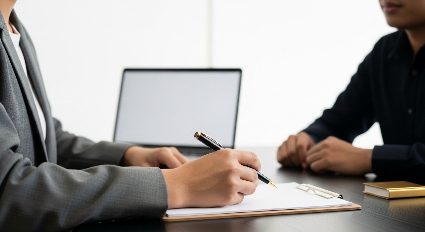 A imagem de um profissional anotando informações em um encontro de negócios, destaca a fase de planejamento e registro de ideias. Isso sugere que o conteúdo aborda como a 'copy' é desenvolvida a partir de um briefing, transformando informações em mensagens claras e estratégicas para o público-alvo.