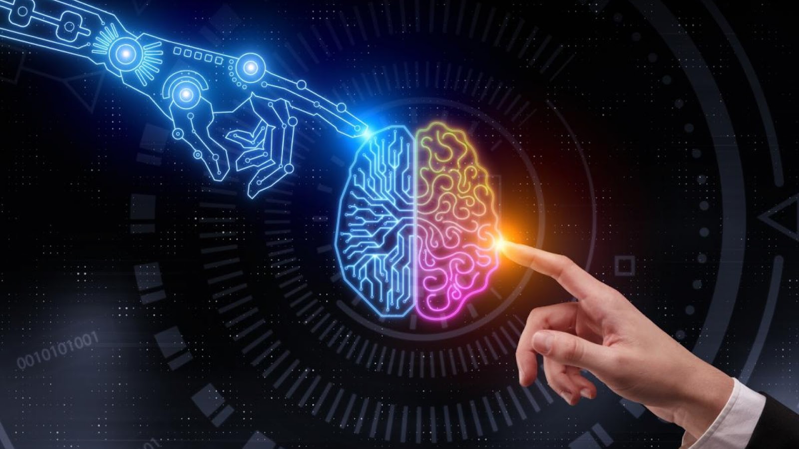 A imagem simboliza a fusão entre inteligência artificial e criatividade humana, elementos essenciais para o sucesso no marketing digital. De um lado, uma mão robótica representa a automação, os algoritmos e a análise de dados; do outro, uma mão humana simboliza a estratégia, a emoção e a personalização das campanhas. No centro, um cérebro dividido ilustra o equilíbrio entre tecnologia e inovação que impulsiona o marketing digital moderno.