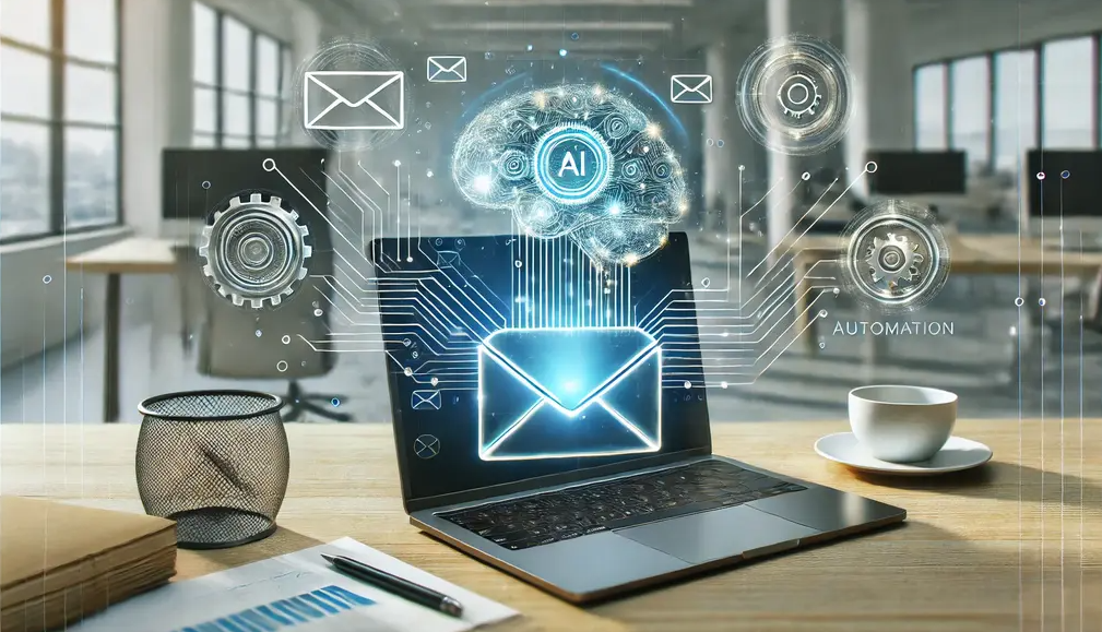 Laptop exibindo ícones digitais de automação e inteligência artificial, representando o uso de tecnologia avançada para otimizar estratégias de e-mail marketing.