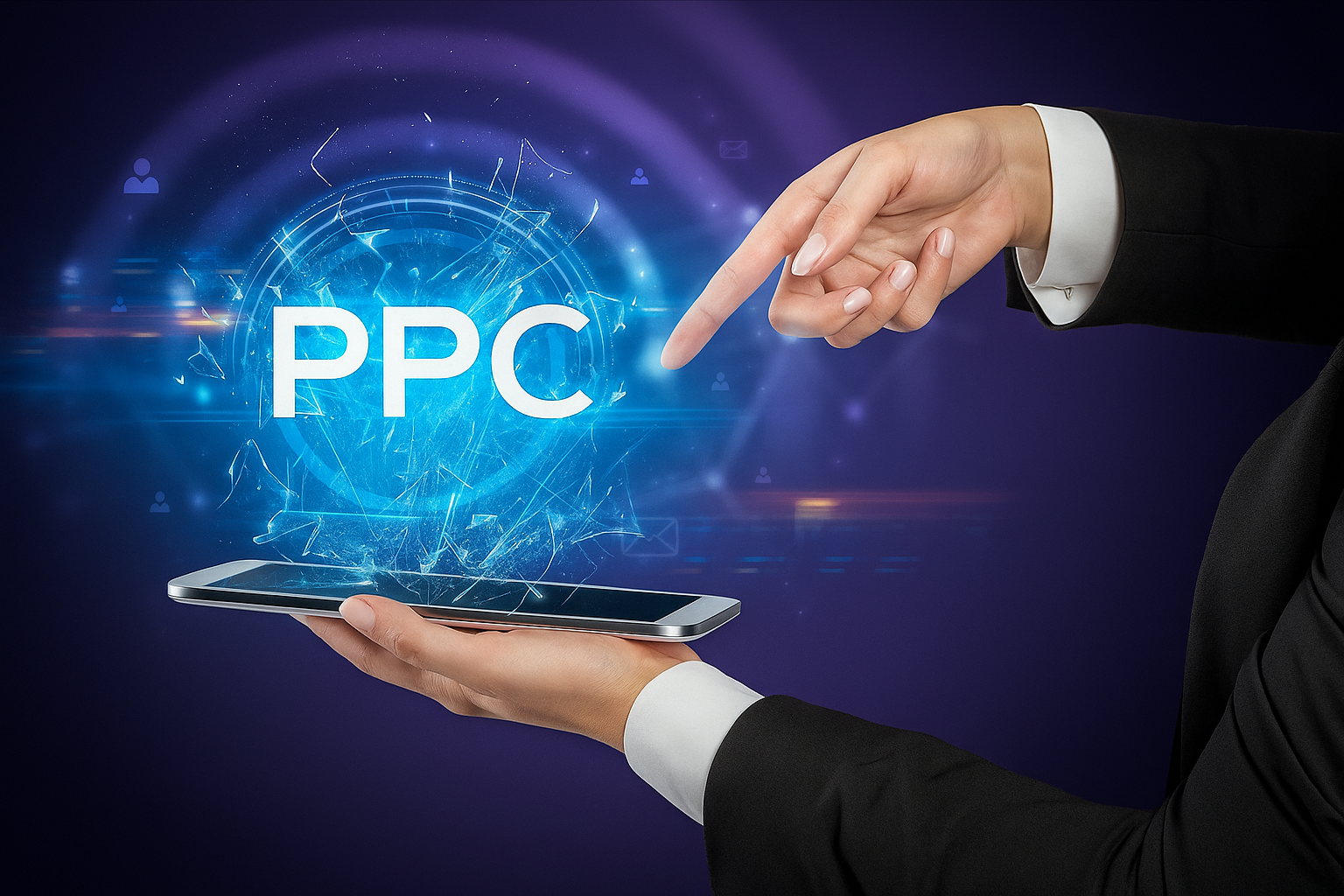 A imagem de mãos interagindo com uma projeção holográfica de 'PPC', destaca a importância da precisão e do direcionamento no marketing. Isso sugere que o conteúdo aborda como o PPC permite investir de forma inteligente, direcionando anúncios para o público certo e medindo o retorno de cada clique.