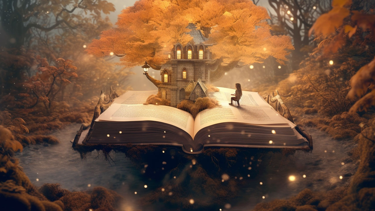 A imagem de um livro de conto de fadas com uma casa e uma figura humana, em um ambiente mágico, destaca a capacidade de criar realidades através da escrita. Isso sugere que o conteúdo aborda como a 'copy' habilidosa transforma ideias em histórias poderosas, capazes de prender a atenção e inspirar a audiência, revelando o poder da palavra escrita.