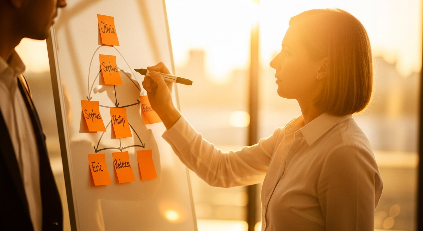 A imagem de um planejamento visual em um quadro branco, com nomes e conexões, destaca a personalização e a jornada do cliente. Isso sugere que o Inbound Marketing se baseia em entender e guiar o público através de etapas definidas, criando experiências personalizadas e conteúdo relevante para cada fase do funil.