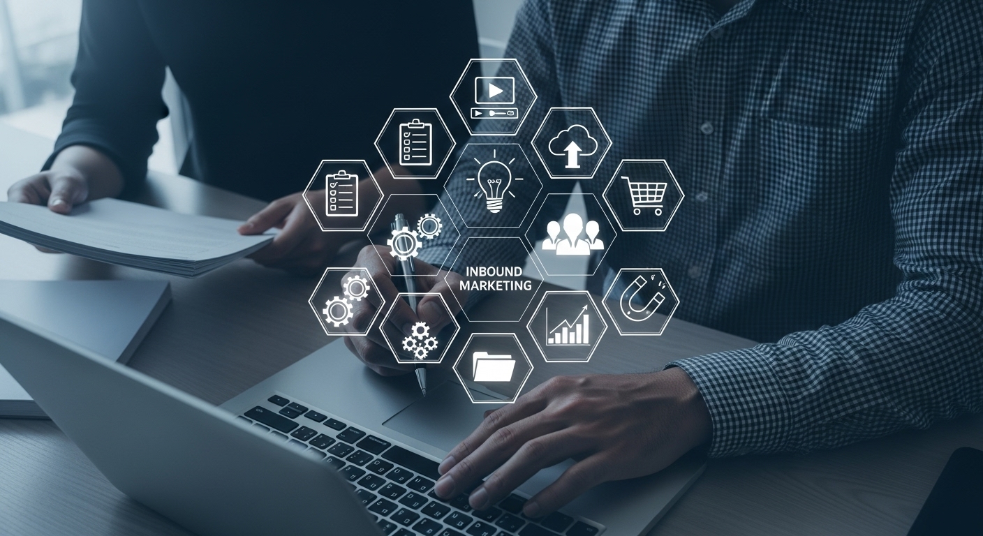 Interface digital com um hexágono central e ícones de processos, destacando 'INBOUND MARKETING'. Isso simboliza a visão abrangente e as soluções integradas que o Inbound Marketing oferece.