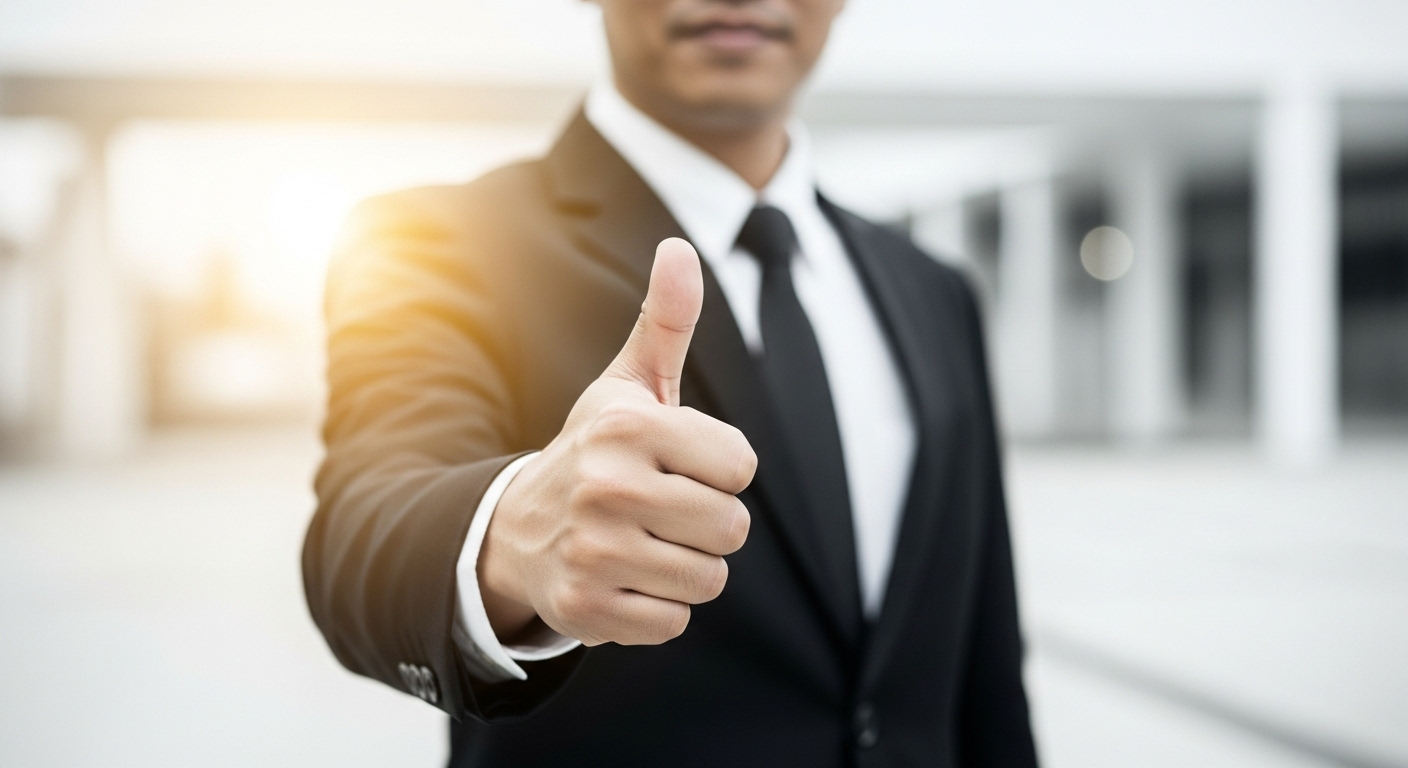 A imagem de um gesto de 'polegar para cima' de um profissional, transmite confiança e validação. Isso sugere que o Inbound Marketing, ao focar na construção de relacionamentos e na entrega de valor, é uma estratégia que gera aprovação e fidelidade do público.