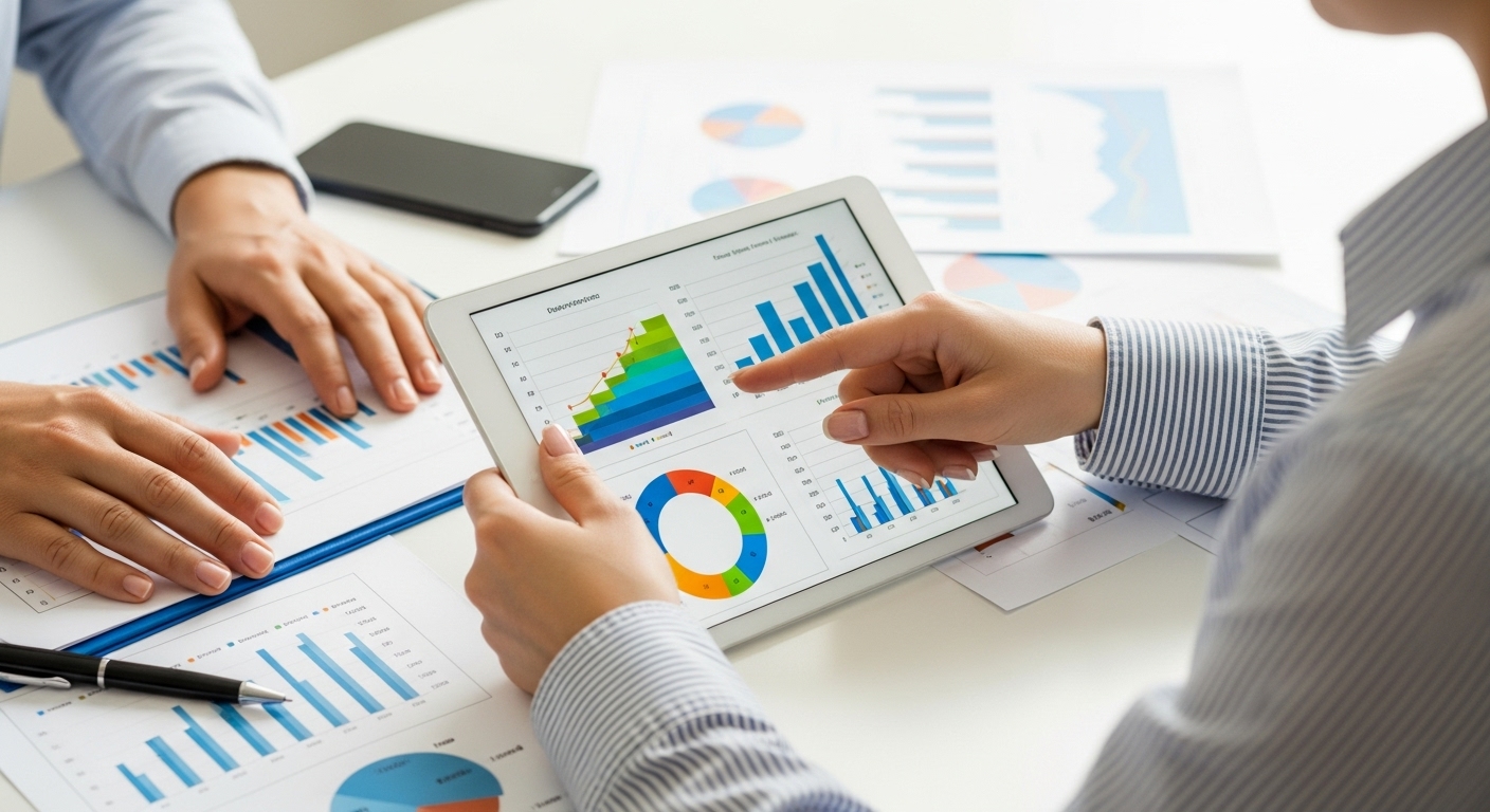 Tablet e documentos com gráficos sendo analisados por duas pessoas. Isso simboliza a importância da medição e otimização de resultados no Inbound Marketing para garantir o crescimento.