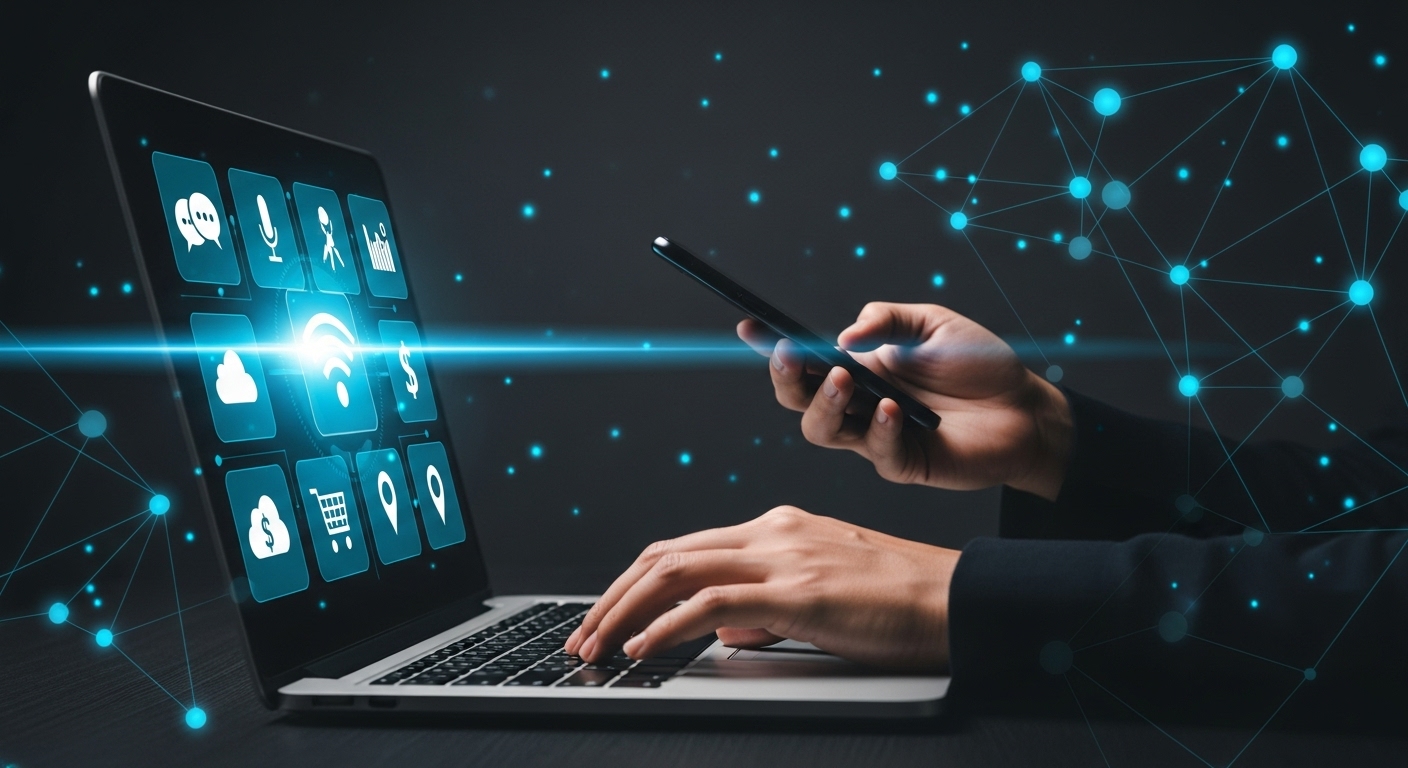 A imagem de um indivíduo trabalhando em um ambiente digital, com ícones de aplicativos e conectividade, destaca a inovação e o alcance global. Isso sugere que o conteúdo aborda como um 'produto digital' é desenvolvido e entregue utilizando a tecnologia para criar soluções acessíveis e eficientes, transformando a forma como interagimos e consumimos informações e serviços.