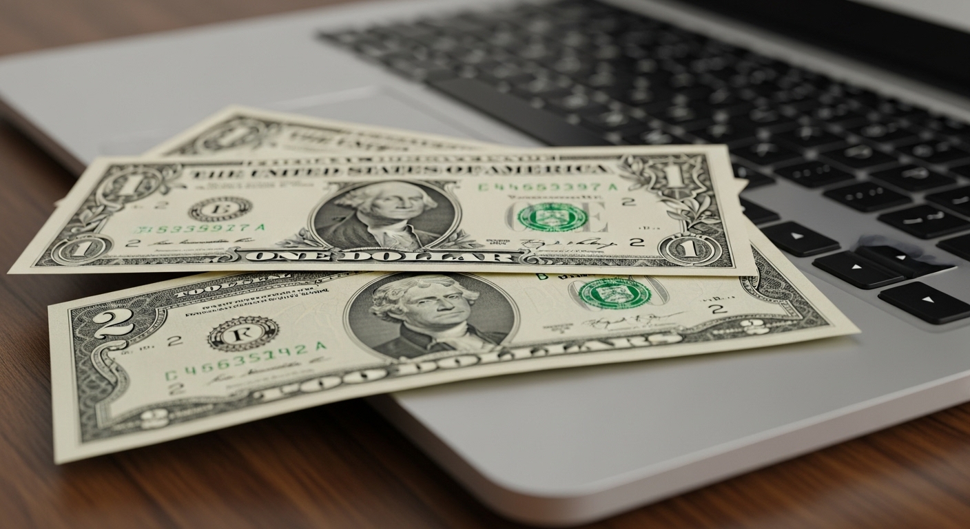 Dinheiro sobre um computador portátil, simbolizando ganhos financeiros. Isso destaca a rentabilidade de investir ou criar um 'produto digital' para gerar receita.