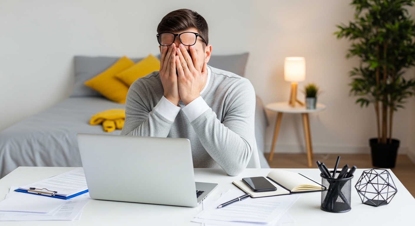 A imagem de um homem visivelmente cansado trabalhando em seu laptop, destaca os obstáculos que podem surgir no mundo dos produtos digitais. Isso sugere que o conteúdo aborda os desafios comuns enfrentados por criadores e gestores de 'produto digital', como a pressão, o cansaço e a necessidade de encontrar um equilíbrio para alcançar o sucesso.