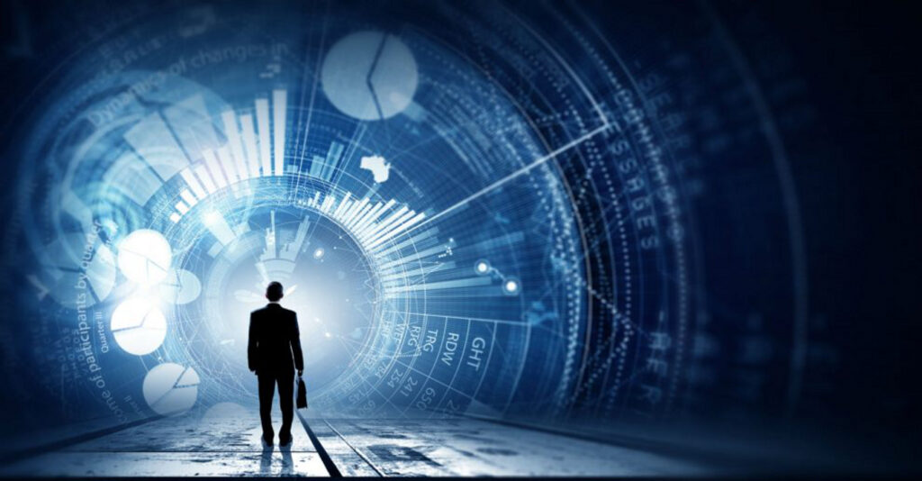 Executivo caminhando em direção a um túnel digital repleto de gráficos e dados, representando o uso de tecnologia e automação de marketing para impulsionar resultados estratégicos.