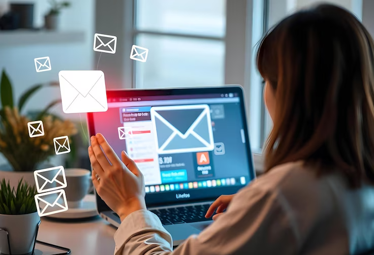 Pessoa utilizando um notebook para gerenciar campanhas de e-mail marketing, com ícones de envelopes representando o envio e recebimento de mensagens digitais.