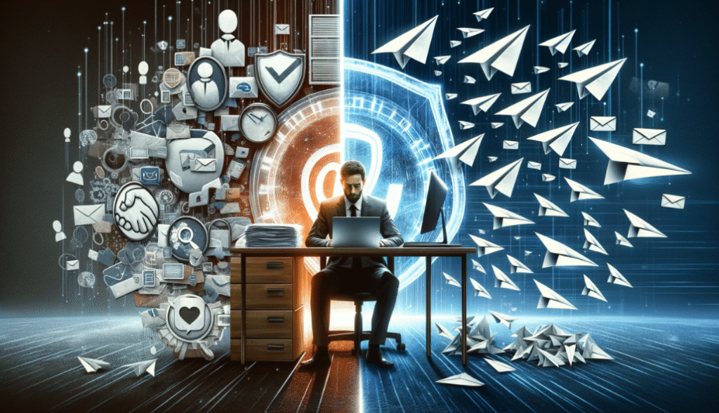 Profissional enviando múltiplas mensagens digitais, simbolizando passado, futuro e a eficiência e o alcance do e-mail marketing nas estratégias de comunicação.