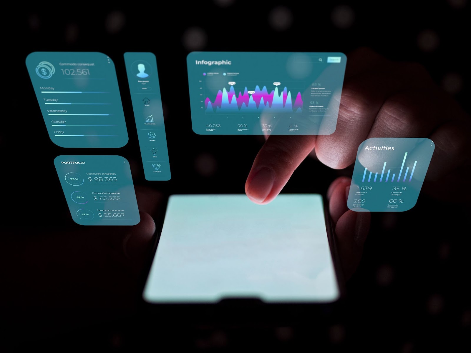 Interface digital transparente sobreposta a um smartphone, mostrando gráficos e dados analíticos. Isso simboliza a obtenção de insights instantâneos sobre o 'engajamento' do público.