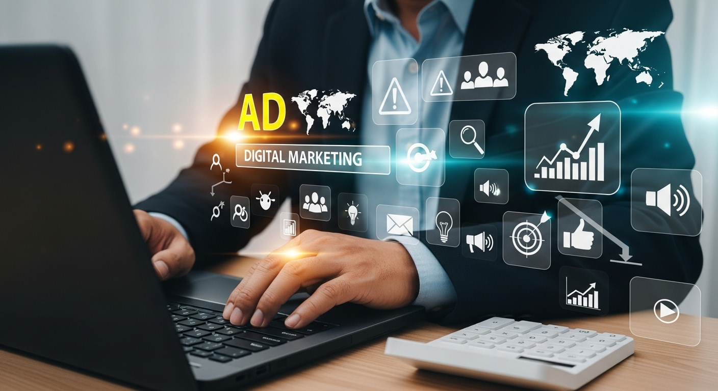 A imagem de um profissional trabalhando em um laptop, com um painel digital repleto de ferramentas e métricas de marketing, destaca a importância da estratégia e da mensuração. Isso sugere que o conteúdo aborda como as táticas de marketing digital, incluindo anúncios, são utilizadas para gerar 'tráfego' qualificado, monitorar seu desempenho e otimizar campanhas para alcançar os objetivos de negócio.