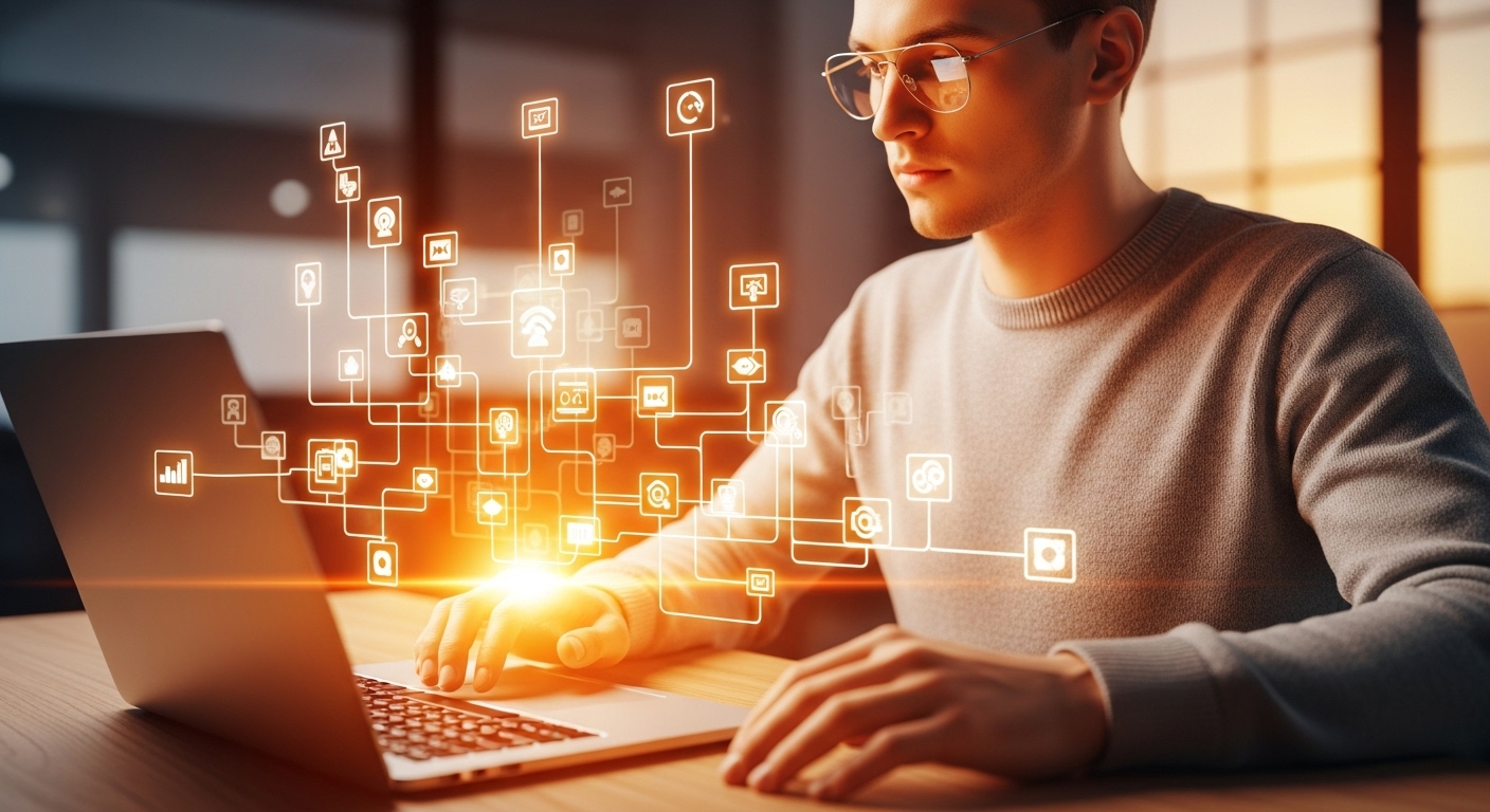 A imagem de um jovem envolvido em seu laptop com elementos visuais de conexão de dados, destaca o processo de criação de valor no 'marketing de conteúdo'. Isso sugere a importância de planejar e conectar informações relevantes para construir uma narrativa que atraia e informe o público.