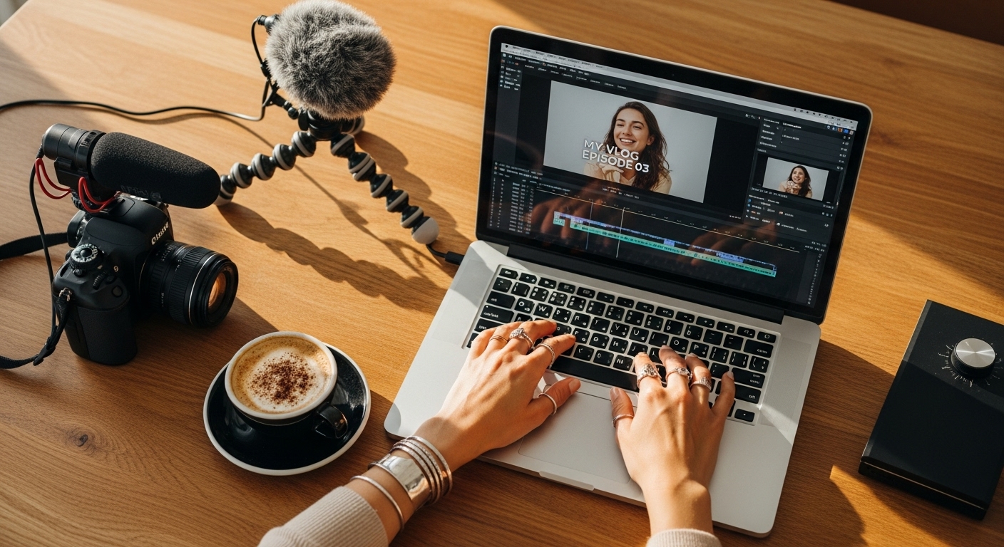 Cena de estação de trabalho para edição de vídeo com equipamentos de gravação. Isso simboliza a produção de conteúdo de alta qualidade e a dedicação ao 'marketing de conteúdo' para atrair e reter a audiência.