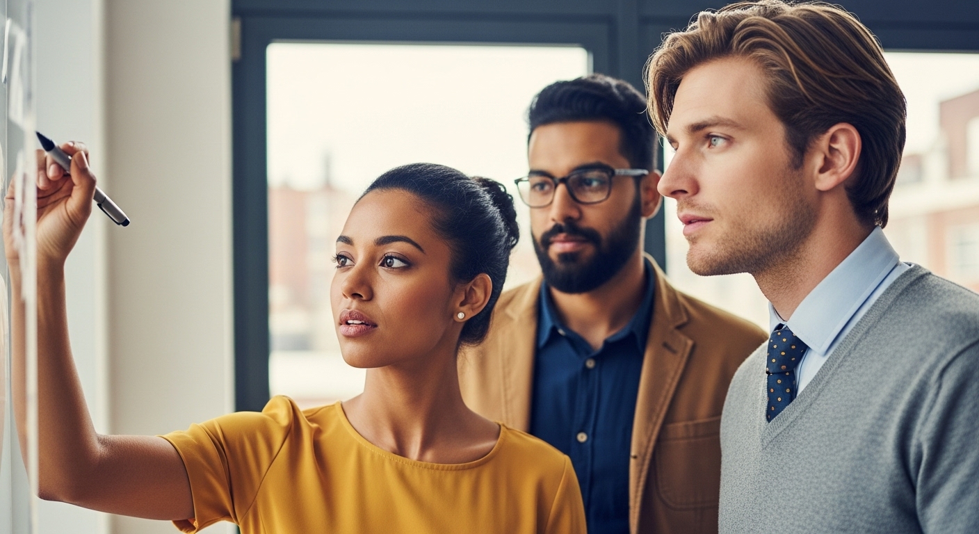 Três profissionais olhando e escrevendo em uma superfície branca durante uma reunião. Isso simboliza a geração de ideias e o planejamento estratégico para 'marketing de conteúdo'.