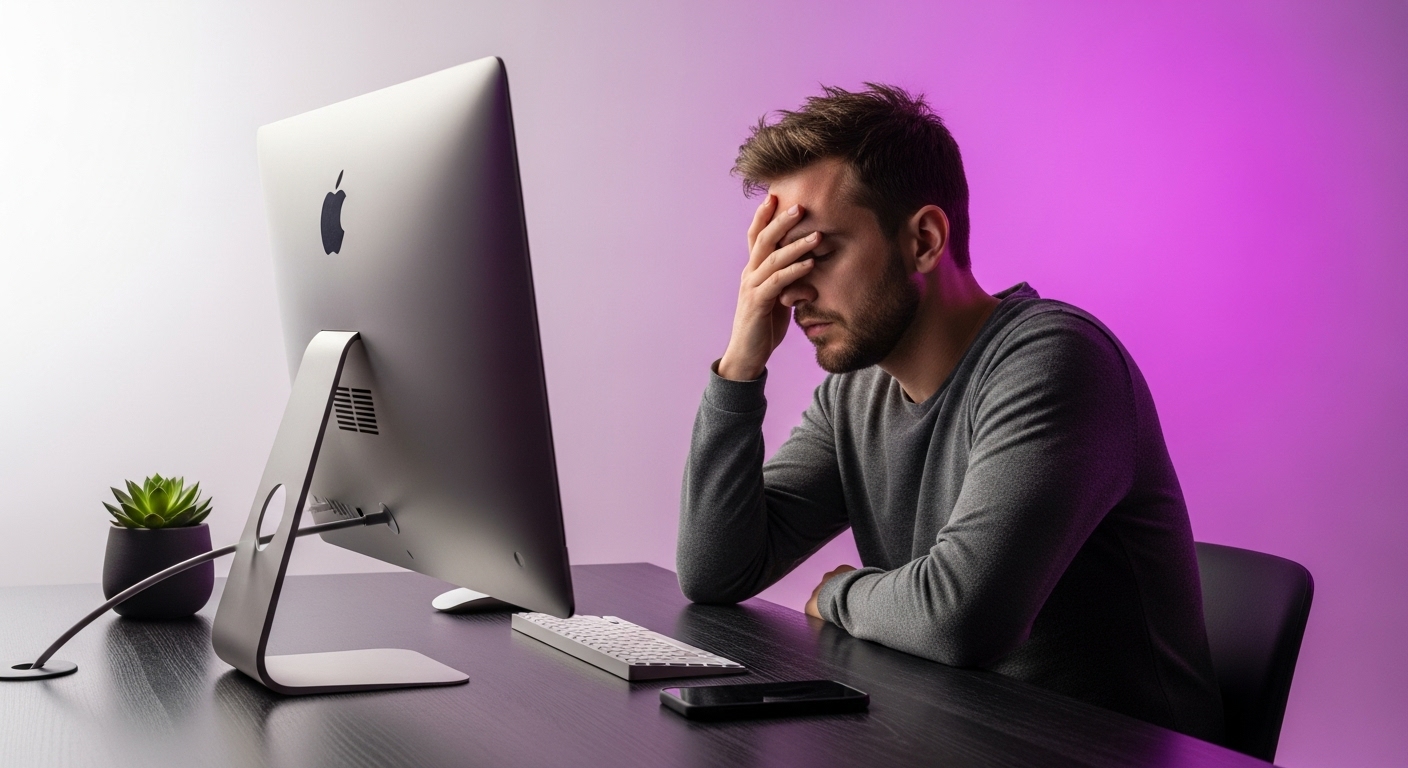 Homem frustrado com a mão na cabeça em frente a um iMac. Ilustra os desafios na criação de 'marketing de conteúdo'.
