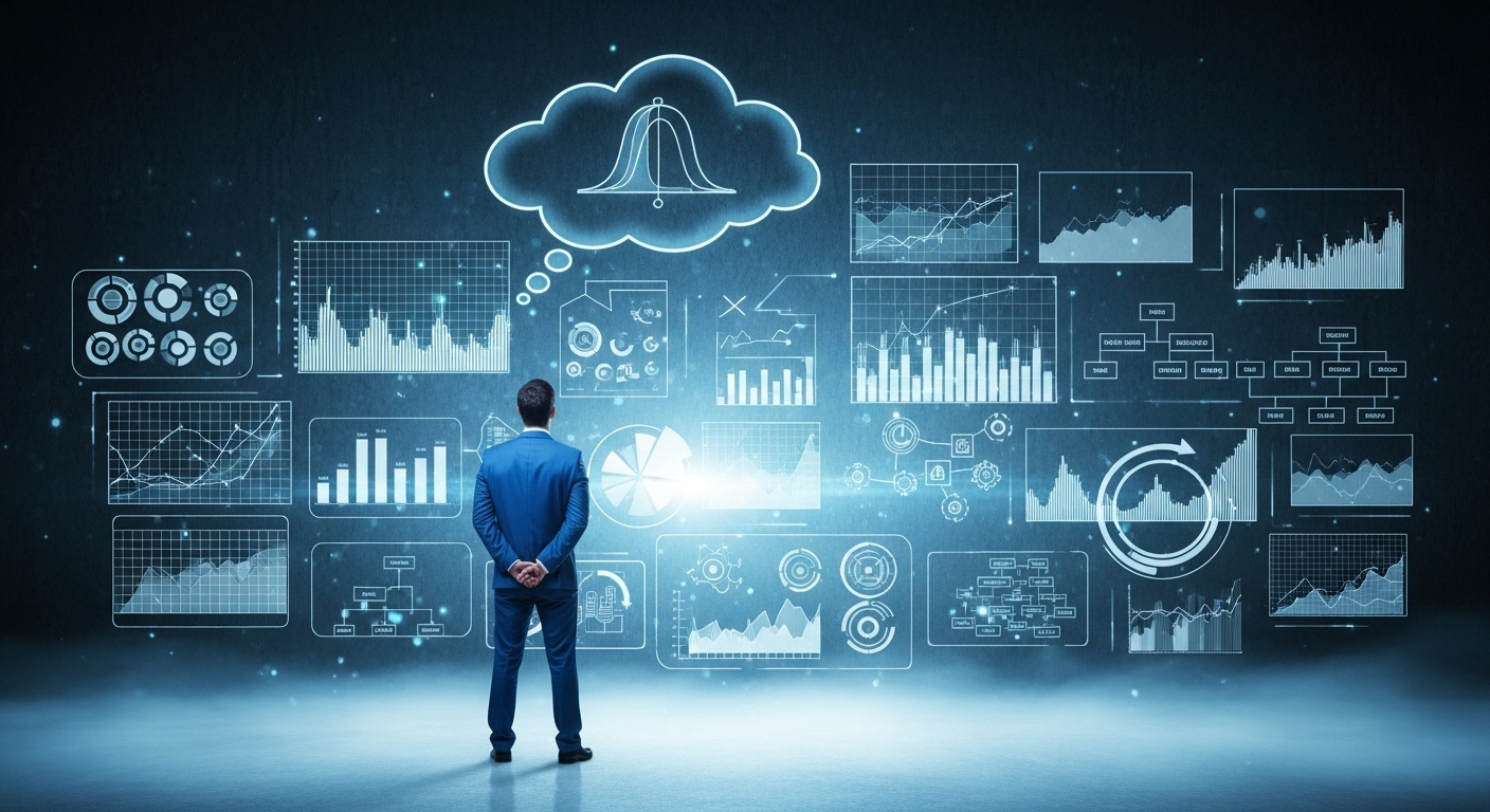 Interface digital futurista com dashboards de análise e um profissional olhando para eles. Isso simboliza a inteligência de dados e a visão necessária para guiar um 'lançamento semente' ao sucesso.