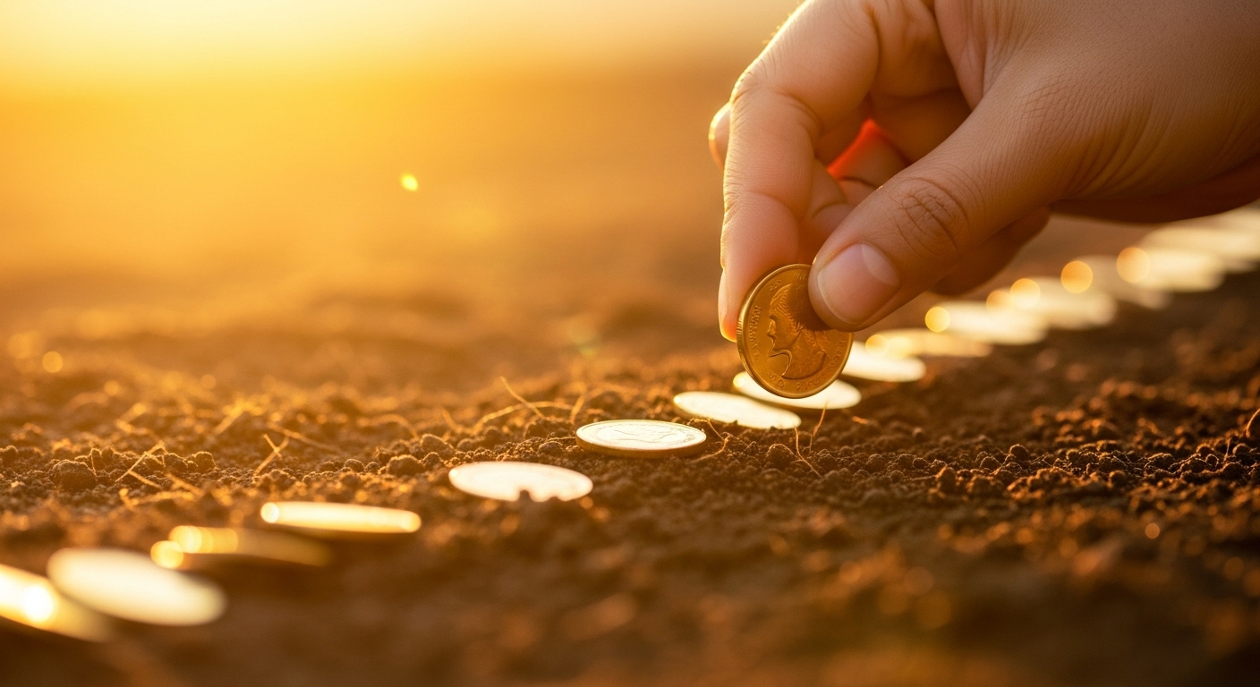 A imagem de uma mão colocando moedas cuidadosamente na terra, destacando a ação de investir e construir. Isso sugere que o conteúdo aborda o 'lançamento semente' como uma fase que exige atenção, investimento e cuidado para que o novo empreendimento possa crescer e florescer.