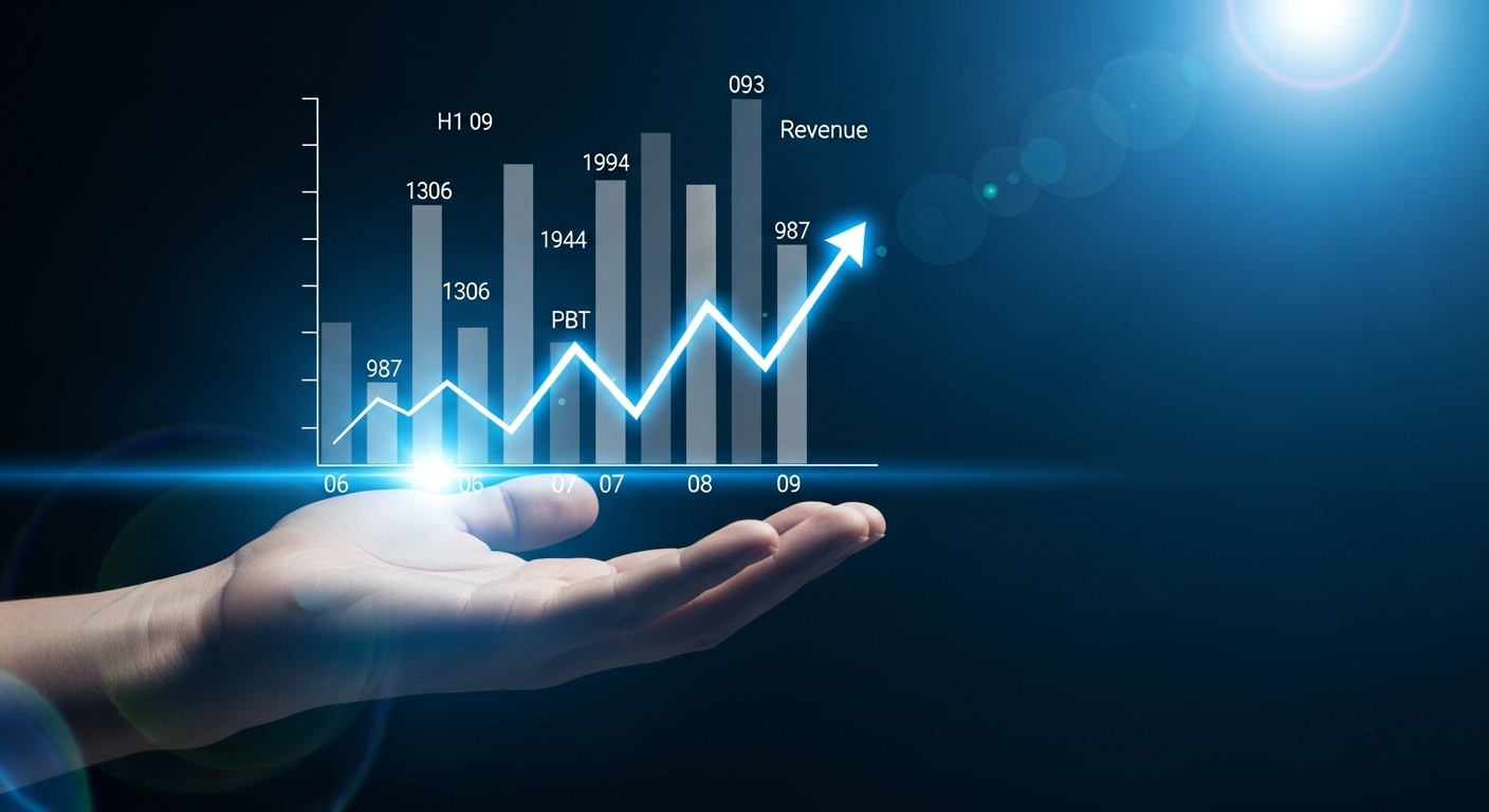 Projeção holográfica de um gráfico de crescimento sobre uma mão, simbolizando o impulso e a expansão. Isso destaca o foco do 'Growth Marketing' em escalar resultados e aumentar a receita.