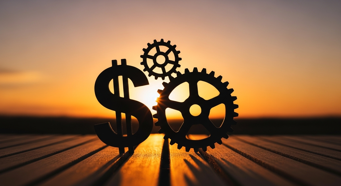 Símbolo de dólar e engrenagens em destaque contra a luz do sol. Isso simboliza a geração de riqueza e a eficiência que o 'Growth Marketing' proporciona através de mecanismos otimizados.
