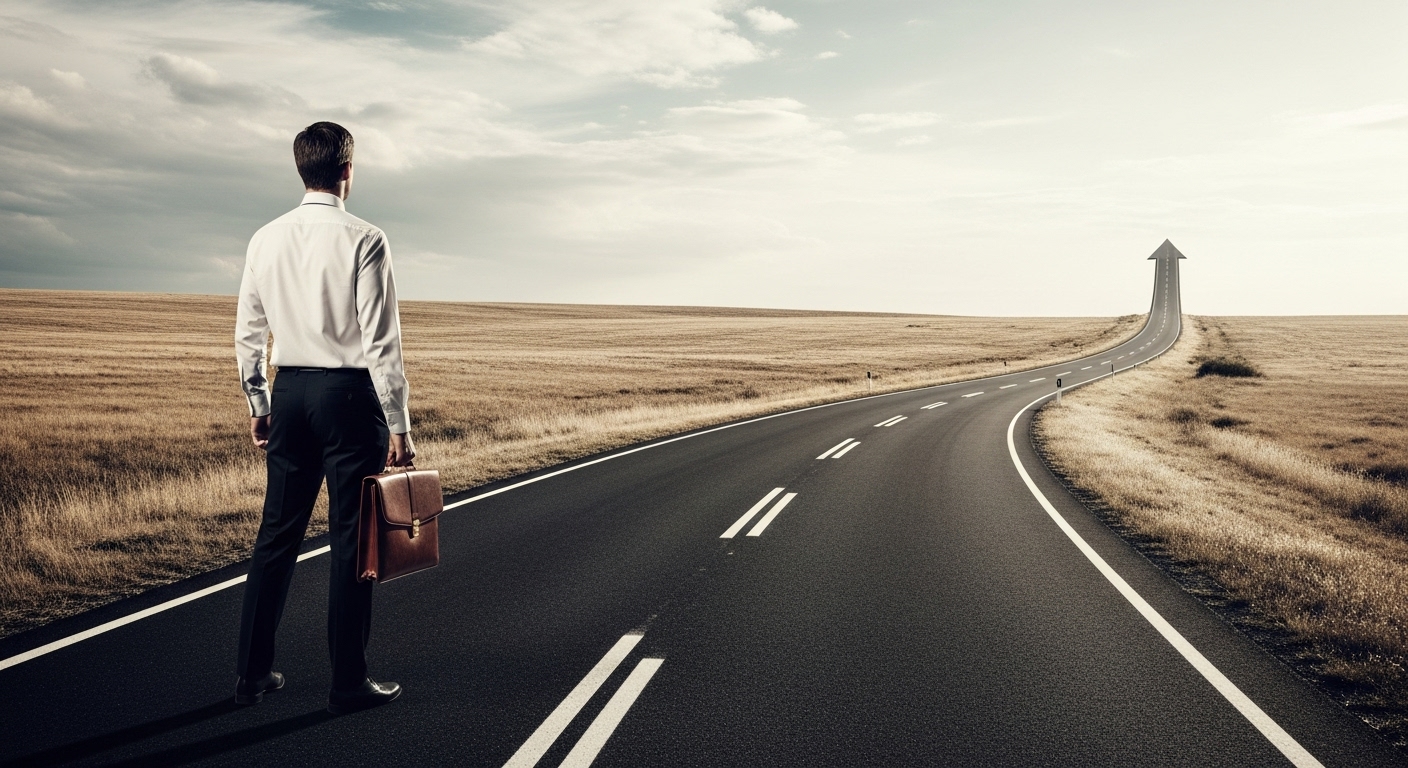 Estrada longa que visualmente se eleva como uma seta apontando para o céu, com um homem observando. Isso simboliza a direção estratégica e a ascensão que o 'Growth Marketing' proporciona.