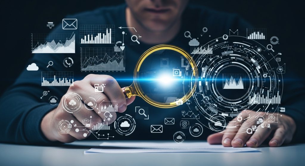 Homem com lupa examinando um gráfico digital e ícones de dados, representando a identificação de nichos de mercado e análise de informações.